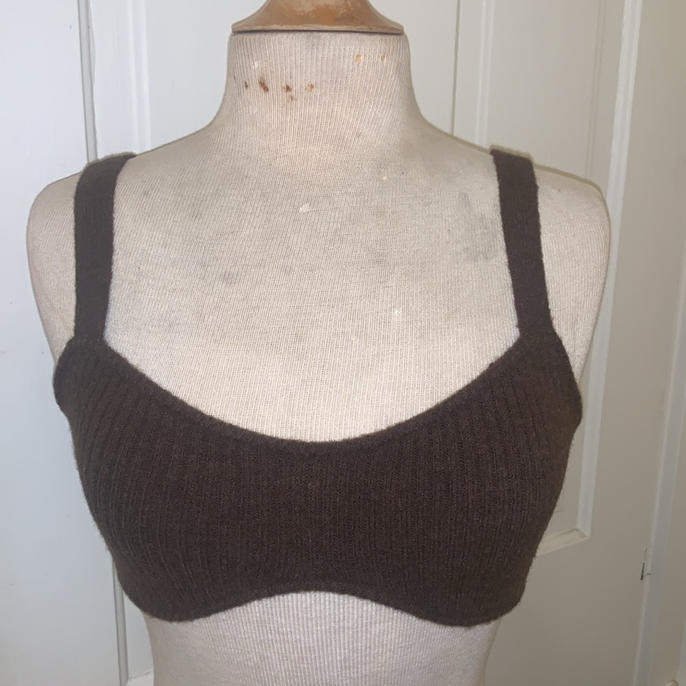 Camila Coelho Adelie Knit Wool Blend Bra Curved Hem Chocolate M NWT